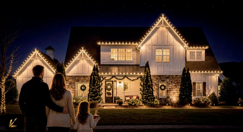 Postcard front: a white farmhouse with warm-white Christmas lights along every roofline, lit garland and wreaths, and a family standing on the lawn looking at it.