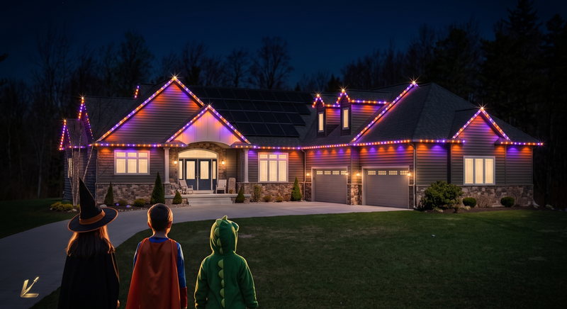 Postcard front: a home with its permanent lights running orange and purple for Halloween, with three children in costume carrying pumpkin pails on the lawn.
